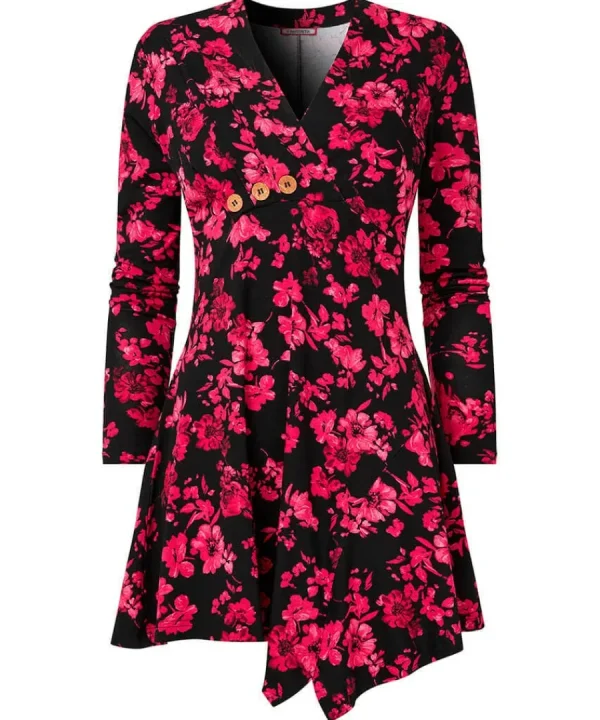 Hot Joe Browns Button Detail Printed Jersey Tunic Top Black