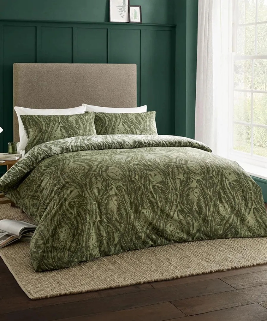 feathered_owl_cotton_slub_0.webp Best Sale Joe Browns Feathered Owl Cotton Slub Reversible Duvet Set Green