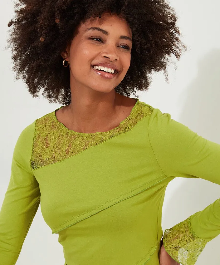 josie_lace_trim_top_3.webp Best Sale Joe Browns Josie Lace Trim Top Green / Black