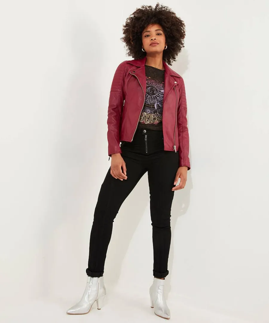 stitch_detail_leather_bik_2.webp Flash Sale Joe Browns Stitch Detail Leather Biker Jacket Raspberry