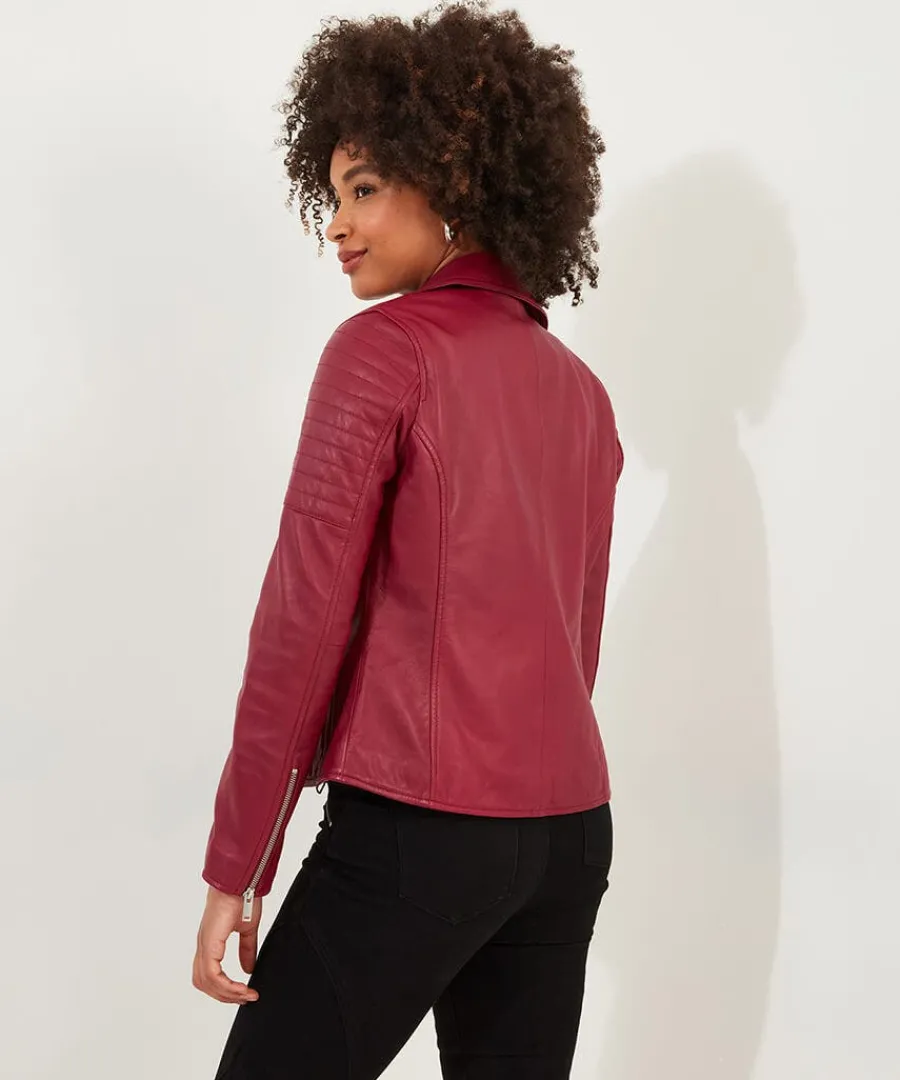 stitch_detail_leather_bik_3.webp Flash Sale Joe Browns Stitch Detail Leather Biker Jacket Raspberry
