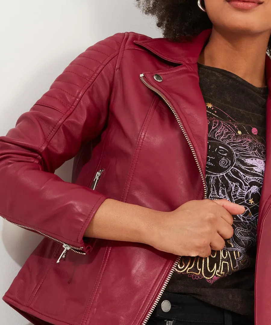 stitch_detail_leather_bik_4.webp Flash Sale Joe Browns Stitch Detail Leather Biker Jacket Raspberry