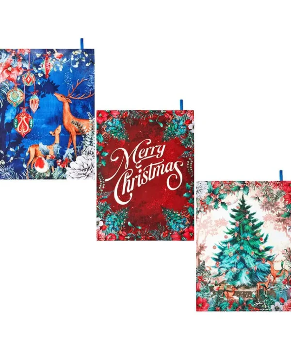 Store Joe Browns Wondrous Woodland Pack Of 3 Christmas Tea Towels Blue